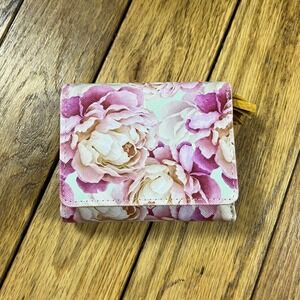 Peony Floral Trifold Wallet Pink Mustard Yellow Faux Leather Tassel Zip Pocket